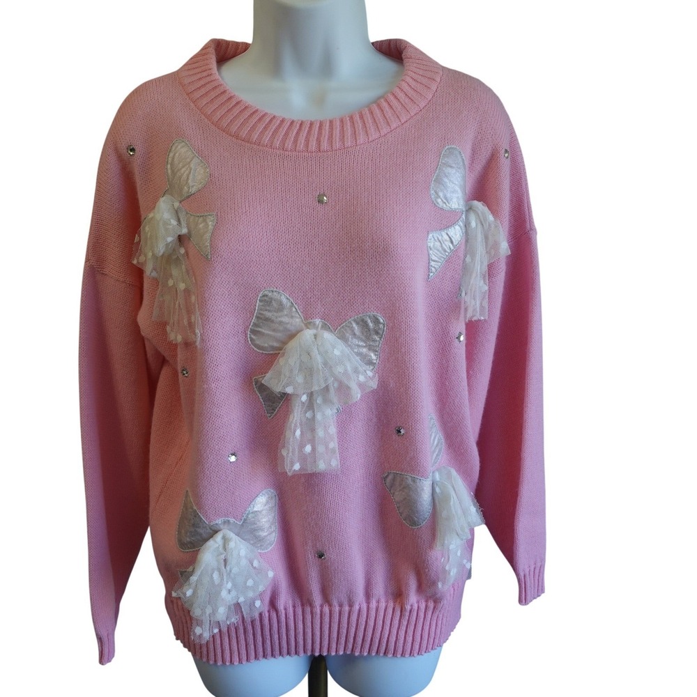 Vintage 1980s Coquette Pink Bow Rhinestone Sweater Retro Lace Maximalist USA O/S